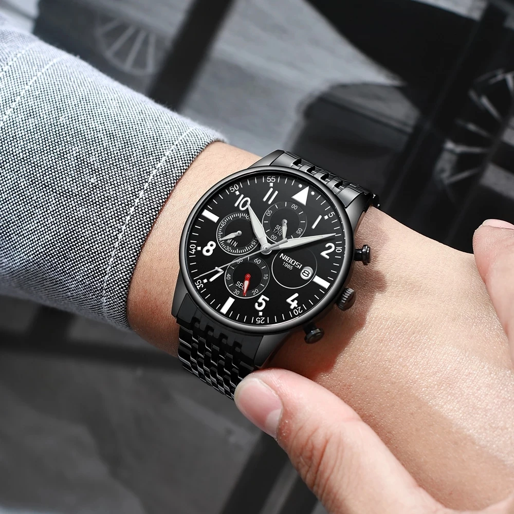 NIBOSI Brand Luxury Quartz Watches Men's  Stainless Steel Waterproof Calendar Fashion Chronograph Watch Men Relogio Masculino