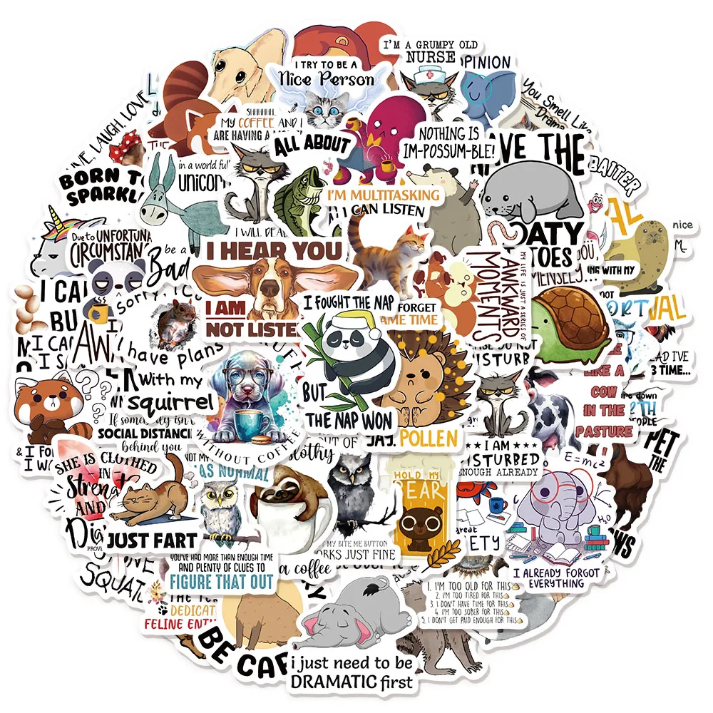 50PCS Fun Animal Quotes Sticker Pack Creative Graffiti DIY Handmade Clip Box Pack Skateboard Tablet Puzzle Toy Stickers