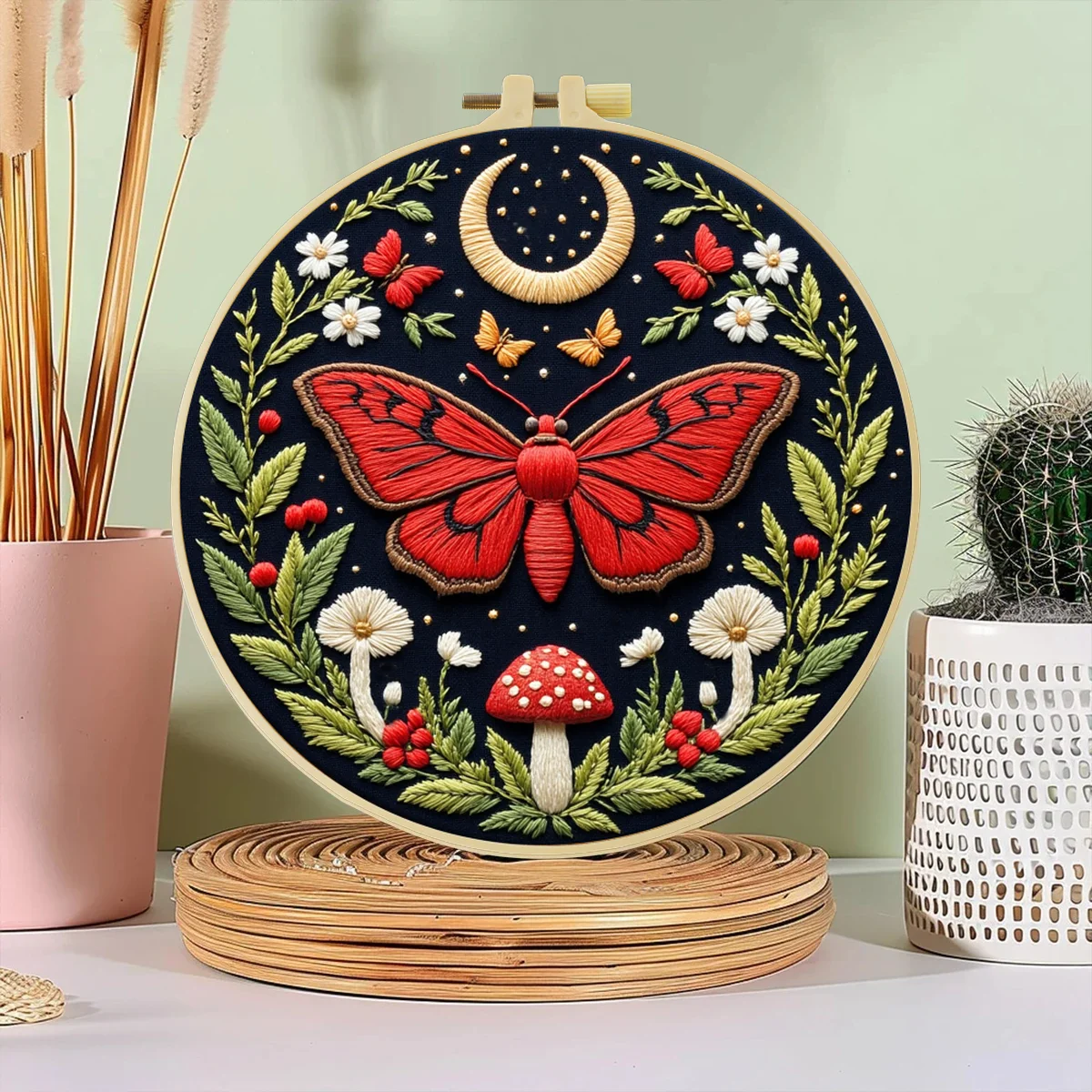 1 Stück 20X20CM/15X15CM 7,87/6,3 Zoll Ein Wunderschöner Roter Schmetterling Taschen-Stickerei-Starter-Kit DIY-Kit Handwerk Malerei Nähen Kunst
