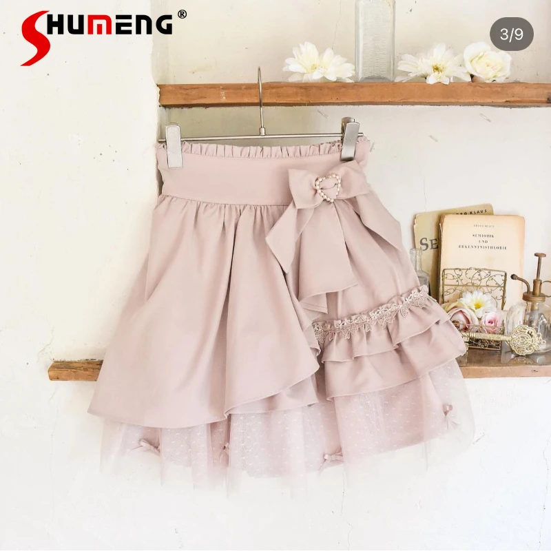 Japanese Girl Mine Mass-Produced Bow Tulle Short Skirt for Women 2024 Summer New Sweet Cute Multi-Layer Flounced Skirts Ladies janevini white wedding bolero shawl beaded tulle ladies evening cape lace stars summer bridal wedding wraps shrug sheer boleros