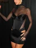 Vhiuat Sexy Cut Out Mesh Patchwork Turtleneck Long Sleeve Wrap Short Dress 2024 Party Evening Elegant Party Birthday Mini Dress 1