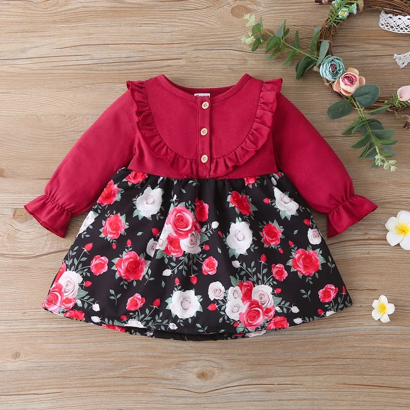 

Rose Flower Dresses for Baby Girls Ruffles Long Baby Dresses Spring Fall A-line Toddler Girl Dress Cotton Cute Baby Clothes 0-3Y