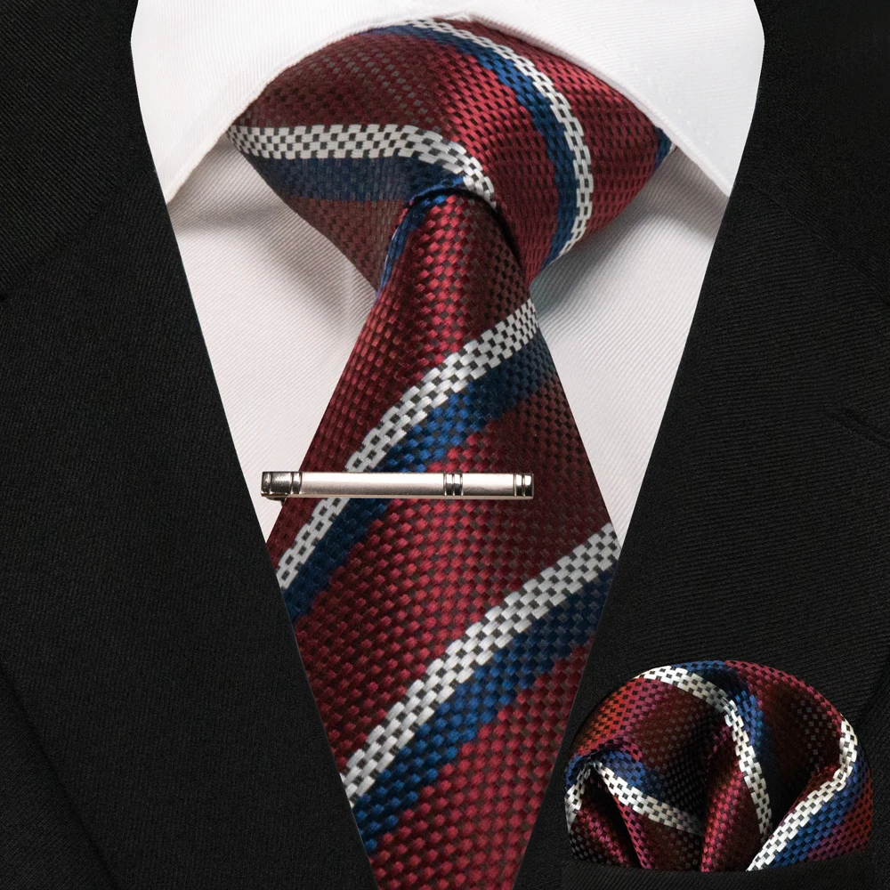 JEMYGINS Business Tie for Men Silk Navy Blue Tie Striped Paisley Necktie Handkerchief Tie Clips Set for Wedding Party Gift