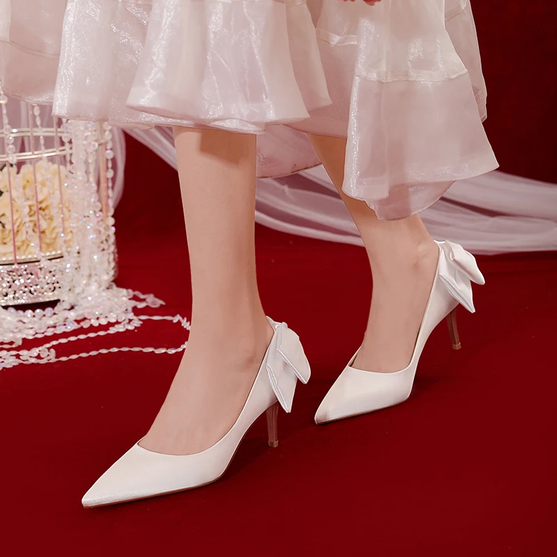 French Style Wedding Shoes Satin Cloth Bride Dress Pumps White Stiletto High Heel Female Bowknot Single Shoe pointed toe slip in