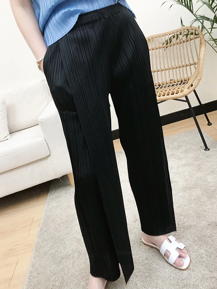 Miyake Pleated Black High Waist Split Side Straight Pants Women Causal Loose Cropped Trousers 3