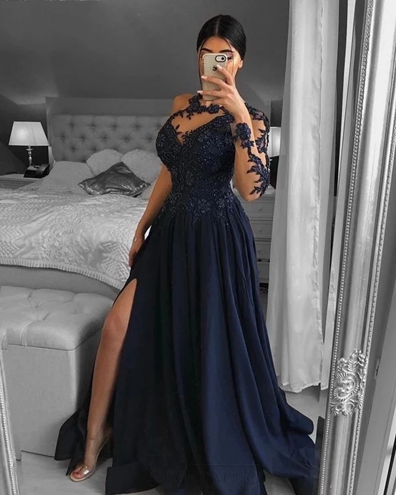 

GUXQD One Long Sleeves Evening Party Dresses A-Line Slit Side Lace Beaded High Neck Princess Formal Prom Dress Robe De Soiree