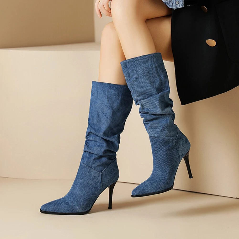 

RIBETRINI Brand New High Thin Heeled Boots For Women Slouch Pleated Denim Knee High Pointed Toed Slip-on Big-size Lady Booties