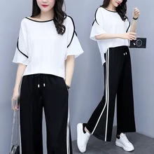 

2022 New Women's Summer 2 Piece Set Loose Slash Neck Flared Sleeve Top+Chic Split Wide Leg Pants Suits Women Plus Size Clothing