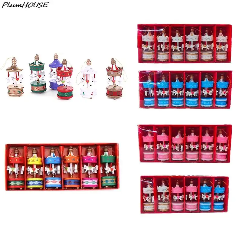 Christmas Decoration Mini Carousel Horse Pendant Ornaments Pendant Wooden Xmas Children Favor Toy Festival New Year Gifts 6X