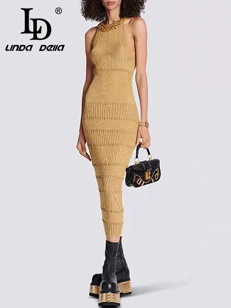 

LD LINDA DELLA 2024 Summer European American style Fashion Dress Women's Sleeveless Extravagant Nail Bead Splice knit Long Dress