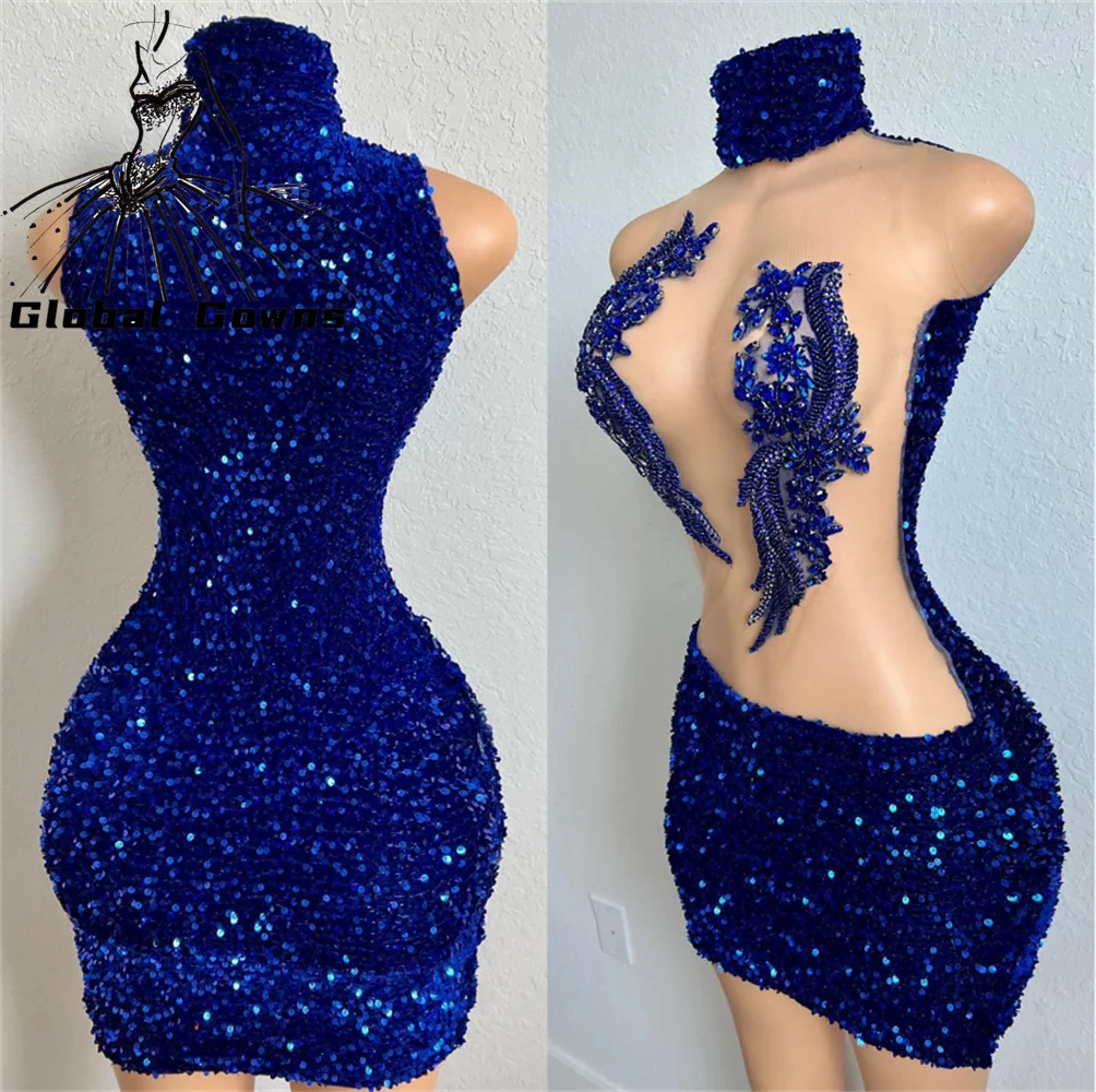 

Royal Blue Short Prom Dresses Black Girls Beaded Crystal Sequined Birthday Party Mermaid Formal Gowns Mini Cocktail Robe De Bal