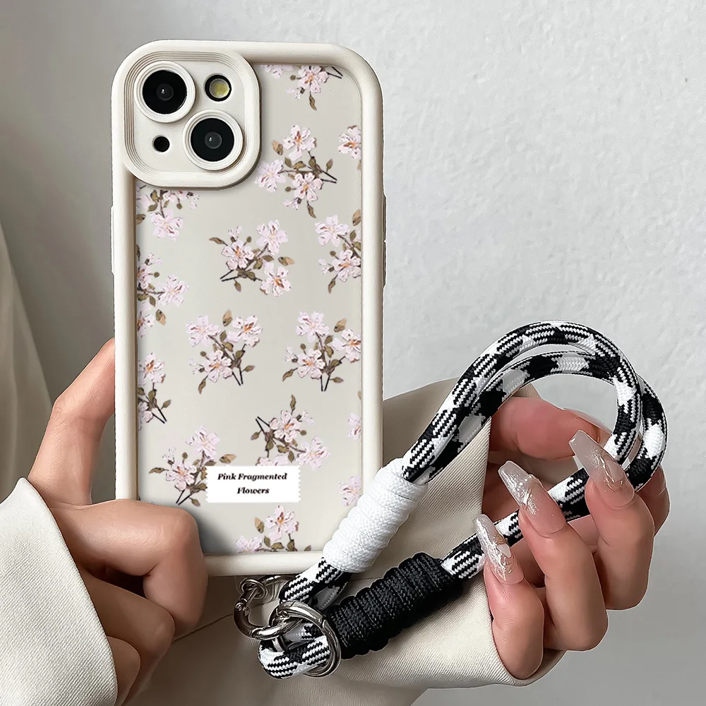 Wrist Chain Soft TPU Phone Case with Floral Lanyard Strap & Protective Back Cover