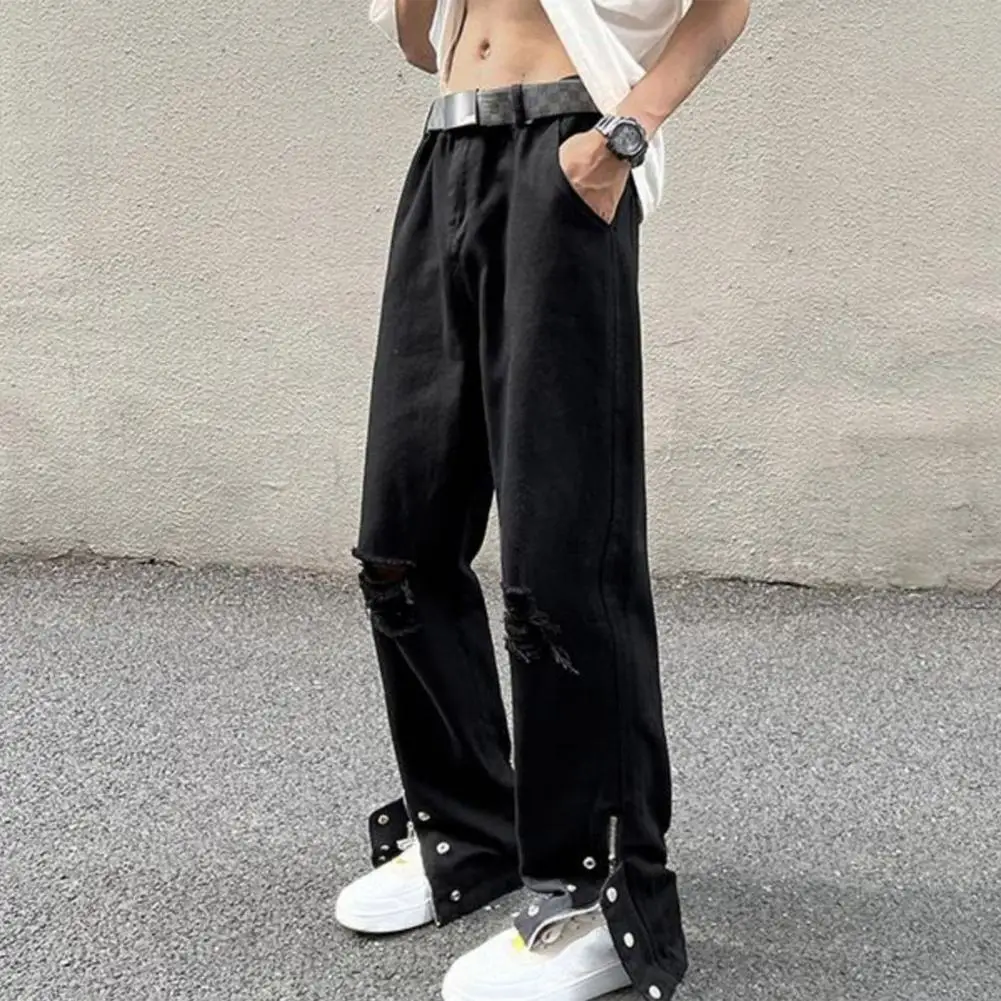 

Denim Men Pants Hole Design Denim Pants High Street Style Men's Summer Jeans with Ripped Holes Wide Leg Design Solid Color for A