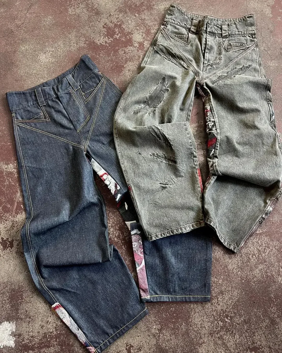 Ripped Patchwork Jeans Ripped Jeans Hip Hop Punk Embroidery Printed Baggy Jeans Y2k Jeans Men Heavy Craftsmanship Retro Style Wide Leg Pants Goth Ripped