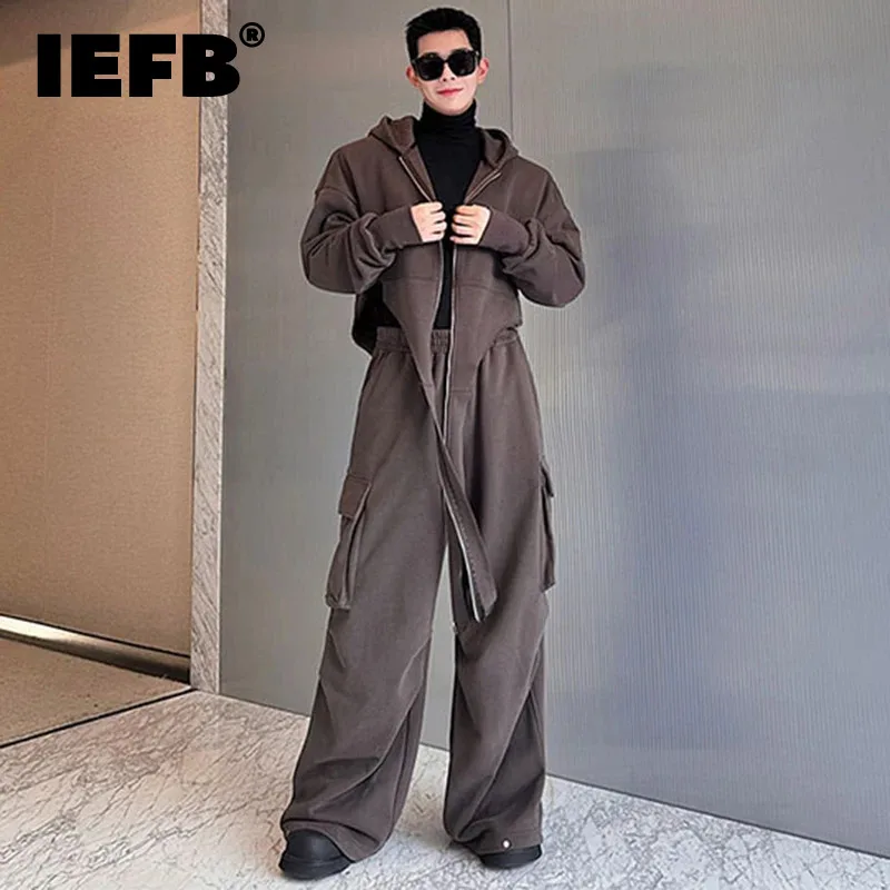 

Костюм IEFB мужской Асимметричный нишевой дизайна, свитшот на молнии в стиле пэчворк, индивидуальные штаны с большими карманами, новинка 9C4293