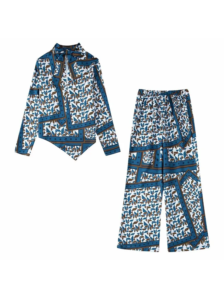 

2022 Women New Fashion 2 Piece Vintage Long Sleeve Bow Neck Geometric Print Shirt and Casual High Elastic Waist Straight Pants