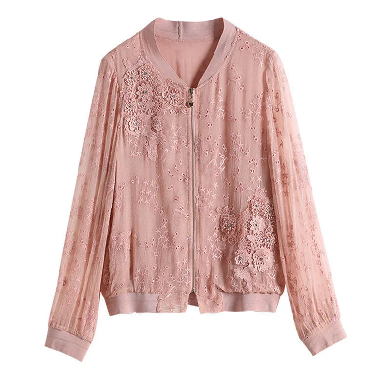 Ladies Thin Big-name Silk Jacket 2022 Summer Female New Heavy Industry Embroidery Long-sleeved Loose And Thin Baseball Uniform