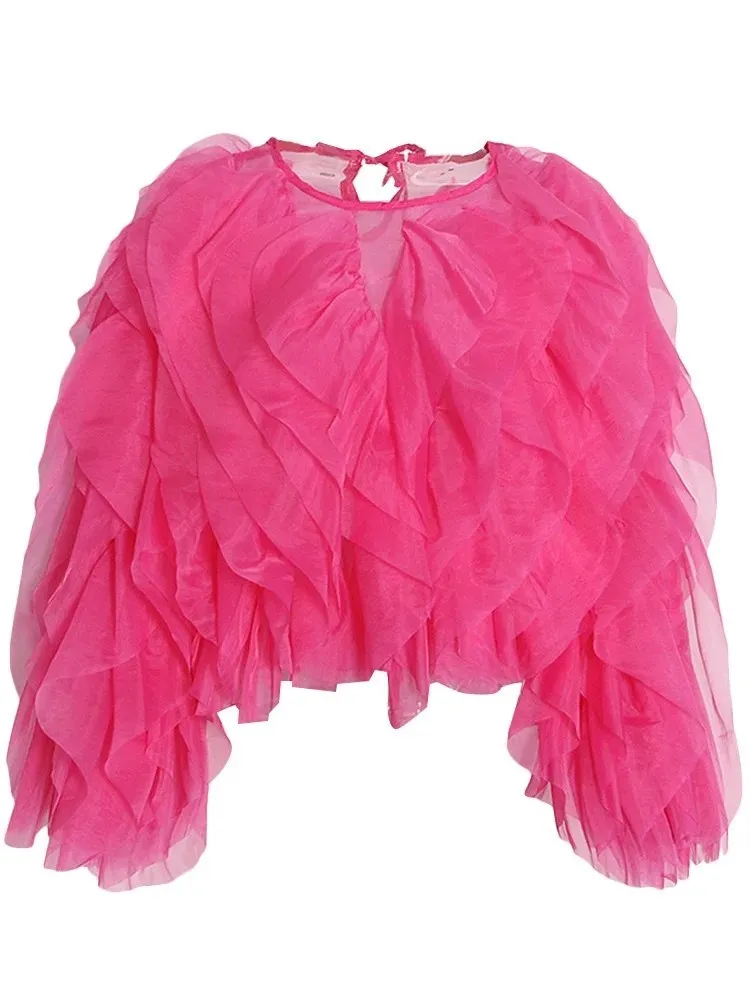 BPN Elegant Soild Party Blouses For Women Round Neck Long Sleeve Patchwork Ruffle Loose Temperament Shirts Female Clothing New 