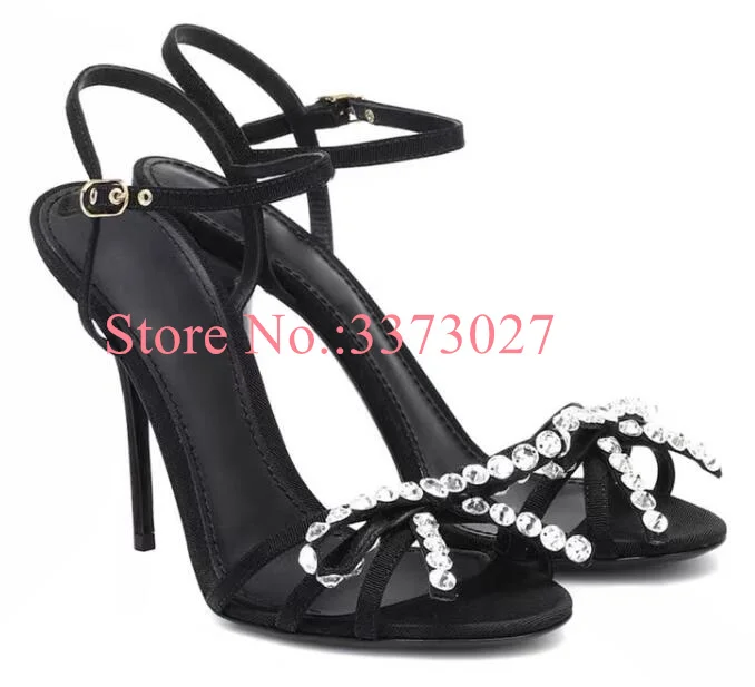 

Black Color Butterfly-knot Crystal Sandals Lady Fashion Thin Heel Gladiator Sandals Woman Sexy New Diamond High Heels Dropship