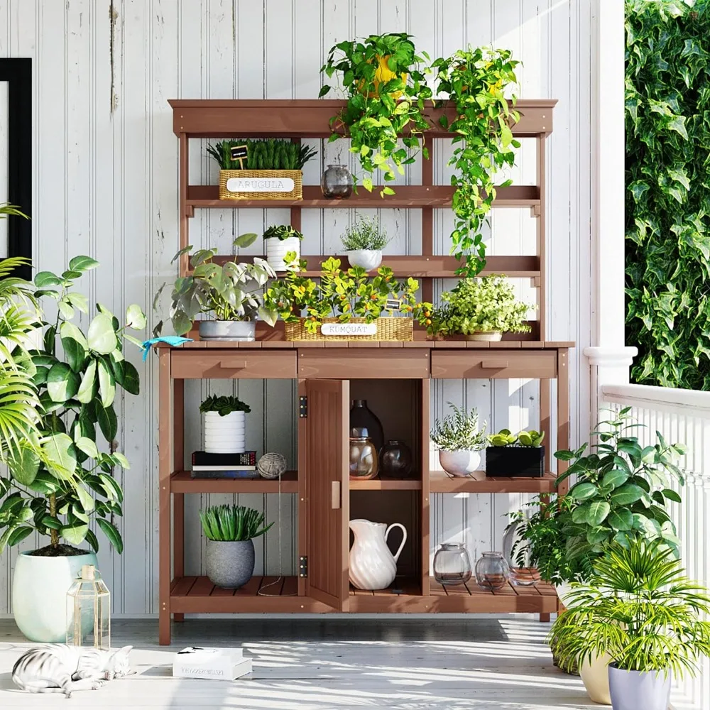 

66" Large Outdoor Farmhouse Wooden Potting Bench Table, Garden Workstation with 2 Drawers, Cabinet and Open Shelves for Backyard