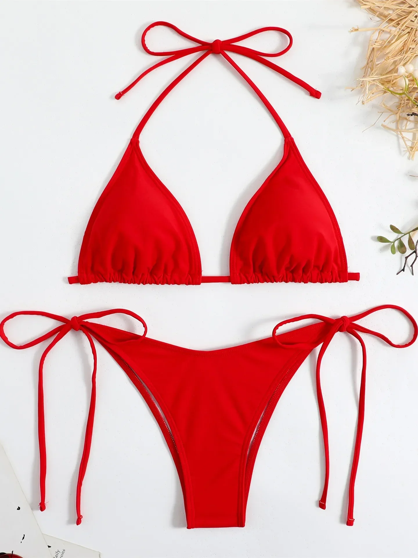 Sexy Brown Bikini Women Solid Red Halter Push Up Bra Tie Side Triangle Swimsuit Summer Bathing Suit Lace Up Micro Swimwear