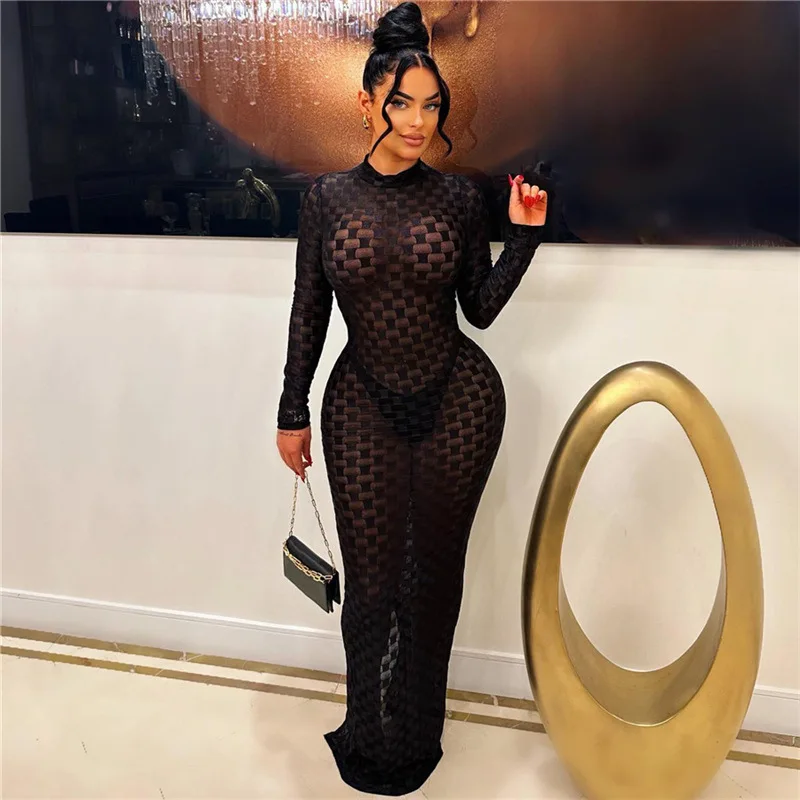 

Sheer Mesh Square Print Women Slit Maxi Dress See Through Long Sleeve Sexy Coquette Bodycon Autumn Trend Club Party Vestidos