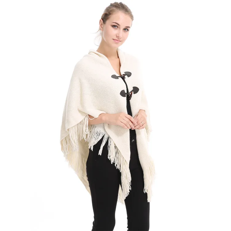 

Autumn Winter New Shawl Cape Tassel Horn Buckle Solid Color Irregular Double-layer Tassel Cloak Shawl Warm and Thickened Wraps