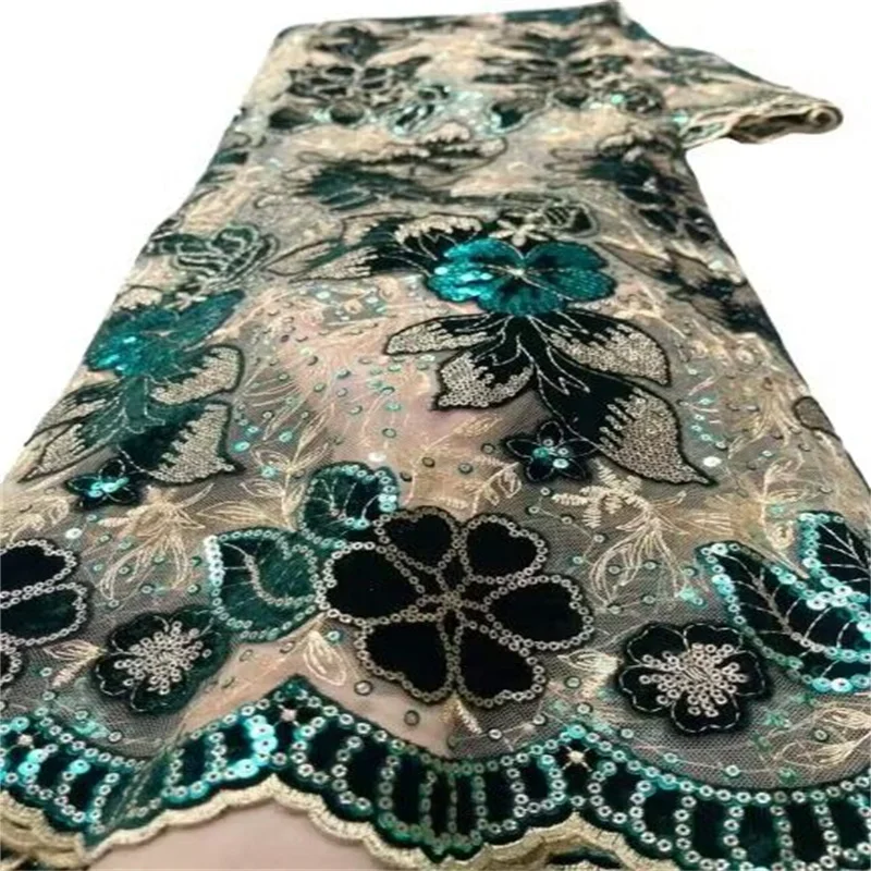 

Latest African Green Mesh Lace Fabric 5 Yards Velvet High Quality Nigerian French Lace Fabric For Wedding Party Dress Sewing