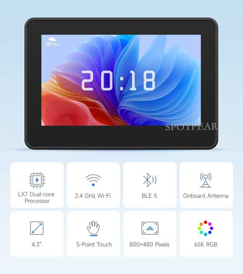 ESP32 S3 4,3-Zoll-LCD (B) 800x480 4,3-Zoll-Captive-Touchscreen-Display-Board LVGL mit Sensor CAN I2C RS485 – Detail 2