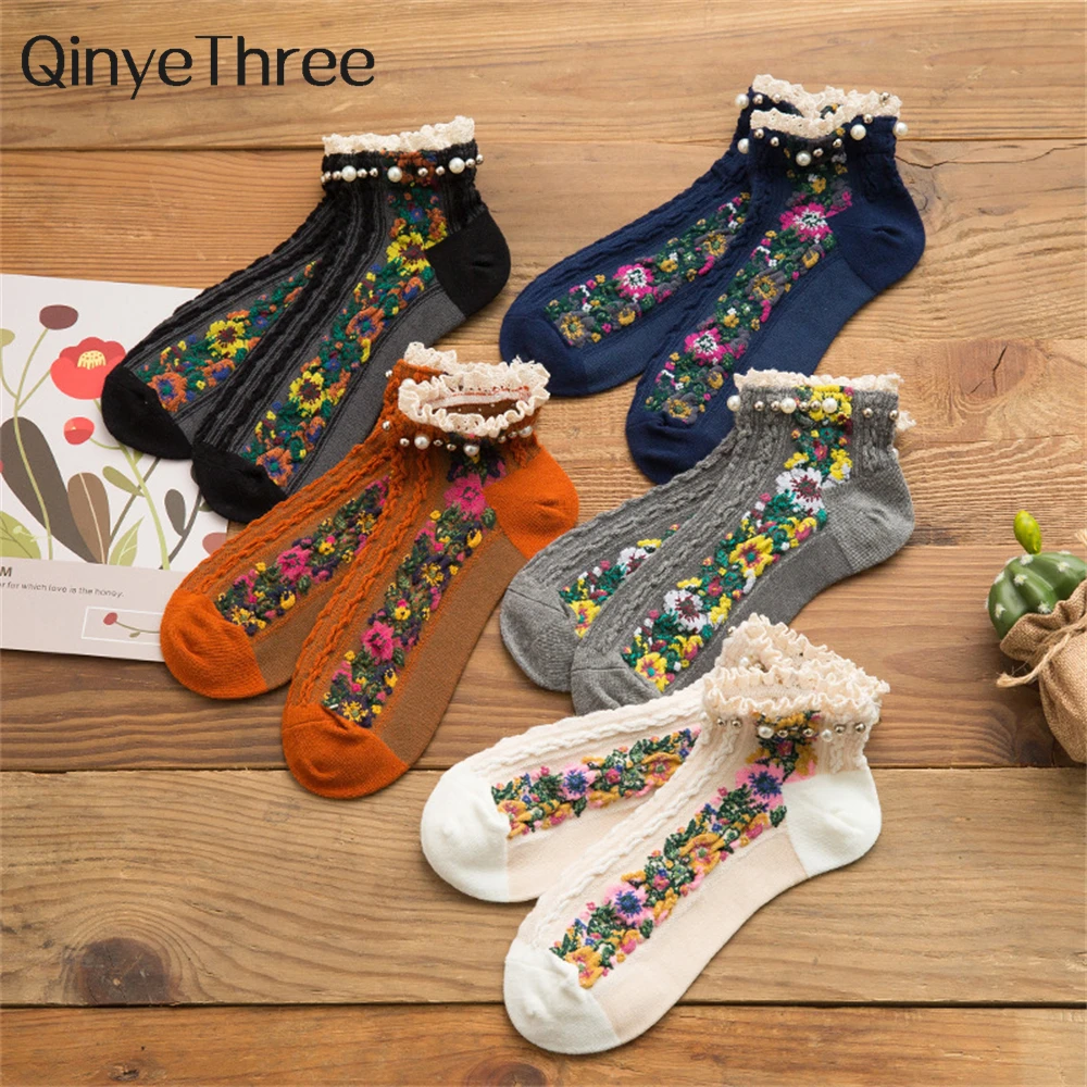 Neue Ethnische Stilvolle Rosen-Spitzensocken aus Baumwolle, Süße Frische Retro-Lolita Palast-Blumensocken mit Perlen, Knöchelsocken, Weihnachtsgeschenk, Dropshipping