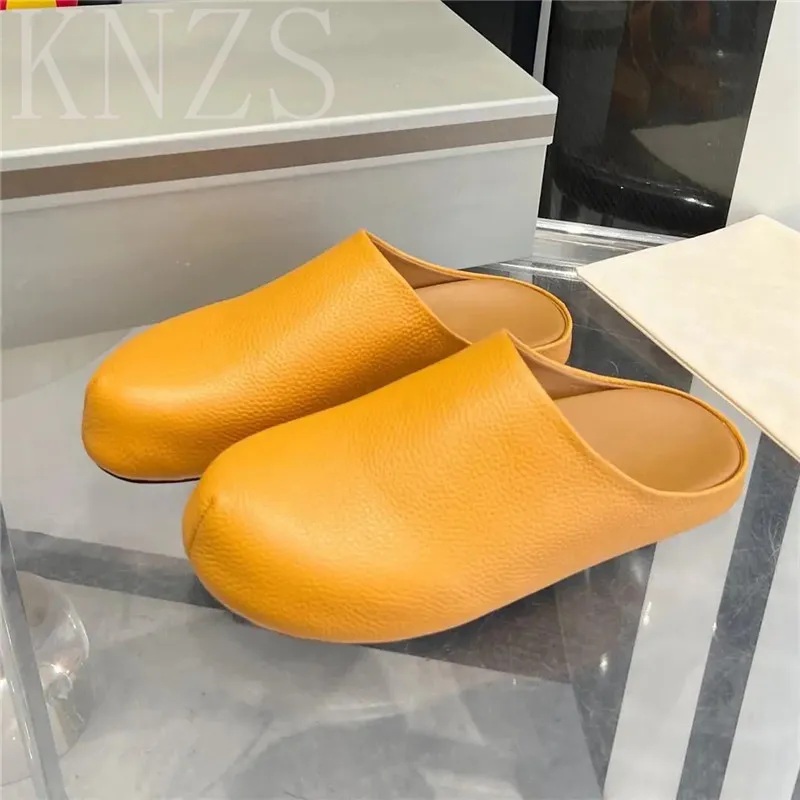 

Spring Summer New Round Toe Genuine Leather Flat Slippers Woman Fashion Concise Bao Tou Casual Thick Sole Beach Shoes Women 2024