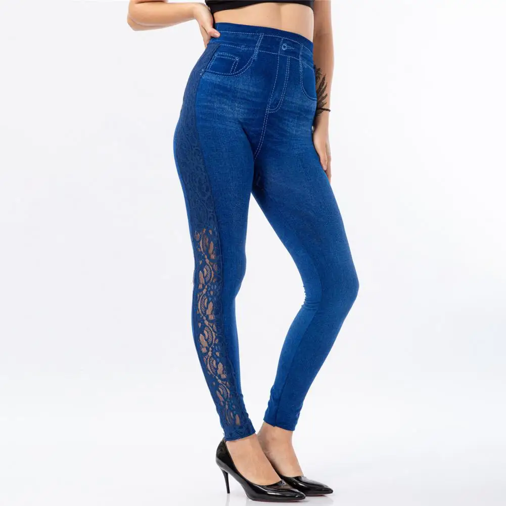 Women Vintage Wash Color Denim Print Leggings Lace Stretchy Pencil Pants Women's Seamless Ankle Length Skinny Fake Jeans Tights