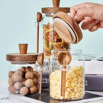 Barattolo sigillato in vetro Contenitore per caffè e tè a cinque grani con cucchiaio in legno Bottiglia di condimento Serbatoio di stoccaggio a prova di umidità da cucina 1