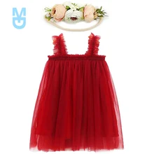 

New Summer Baby Girls Princess Fluffy Dress+Wreath 2Pcs Solid Color Sling Tulle Dress Infant Vestidos Kids Casual Clothes 0-4Yea