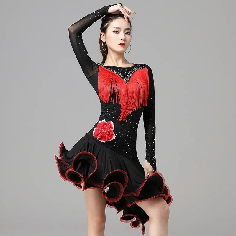 

Women Dance Clothes Ballroom Dress Samba Diamond Costume Long Sleeves Embroidery Dresses Stretchy One-piece Floral Latin Dress