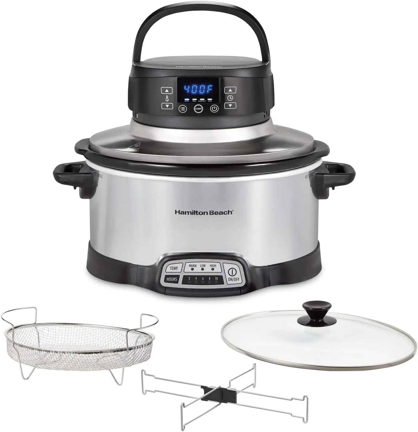 Beach 6 Quart Programmable Slow Cooker With Flexible Easy Programming, 5 Cooking Times, Air Fry Lid with 4 Settings, Di