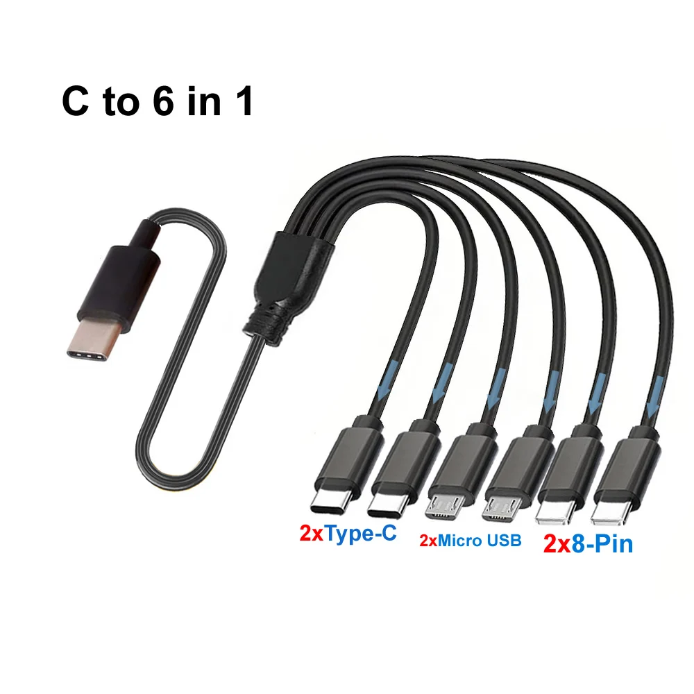 50cm 6-in-1 Universal Multi Charging Cable with USB A/C to 3-in-1 Connectors