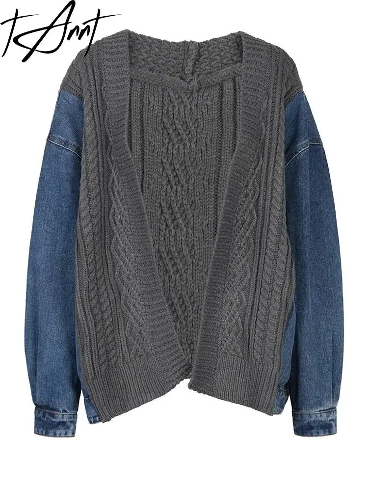 

Tannt Women Sweater Irregular Gray Denim Patchwork Knitting Sweater V-neck Asymmetry Color Matching Open Stitch Cardigan Women