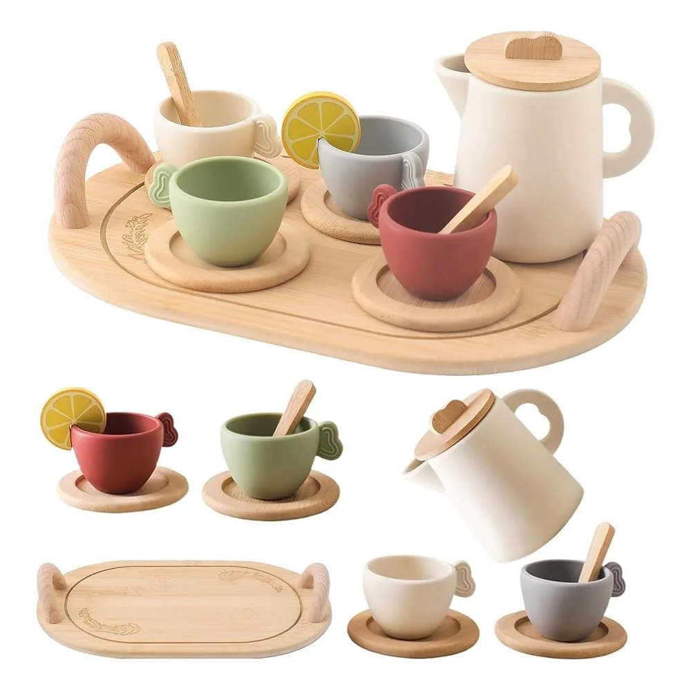 Wooden Montessori Toys Toddler Pretend Play Tea Party Set Silicone Teapot Cups Wood Tray Scoop Toys For Kids Birthday Gift,wooden toys