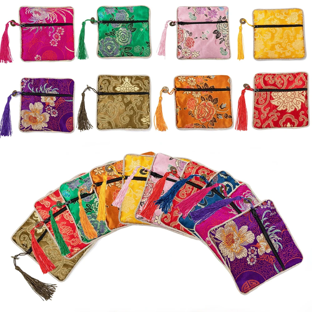 20pcs Chinese Brocade Tassel Zipper Jewelry Bag Gift Pouch Square with Flower Pattern for Gift Packaging Shopping Storage Pouche