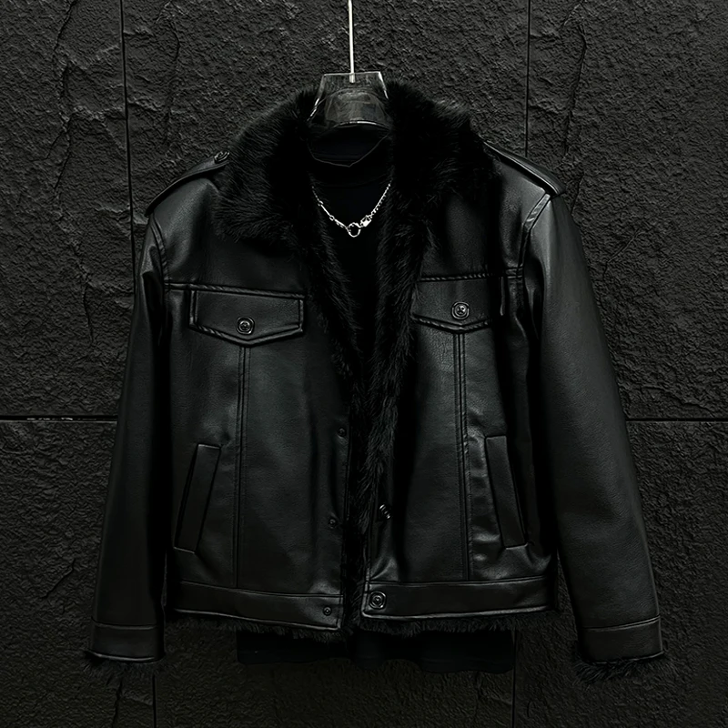 Korean Winter New High-end Fur Collar Splicing Leather Jacket
