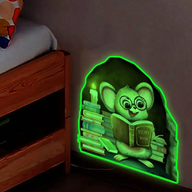 

Mouse Hole Wall Sticker Luminous Cartoon Wall Decal Cute Mouse Reading Book Glowing Decal Baseboard DIY For Kids Room Nursery