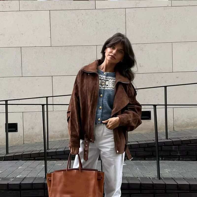 Chic Brown Faux Suede Cropped Casual Coat Vintage Lapel Solid