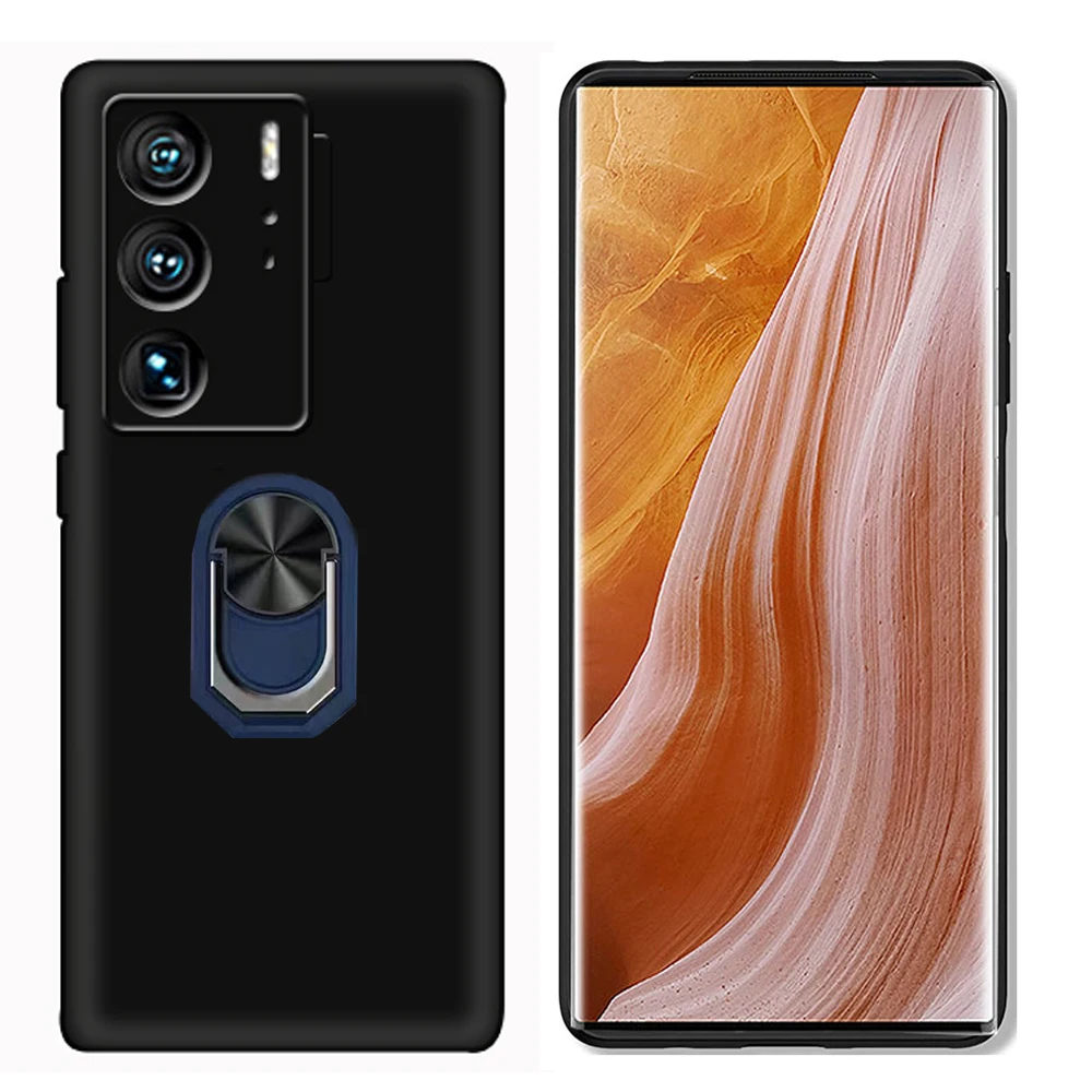 Elegant Shockproof Black Phone Case with Ring Holder - Soft TPU Protective Cover