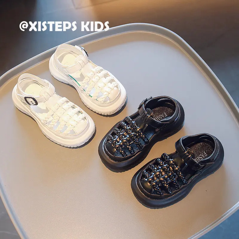 

Hollow Out Leather Sandals for Kids Girls 2023 Summer Black Beige Fashion Princess Beach Shoes 3-12Y Toddler Shoes