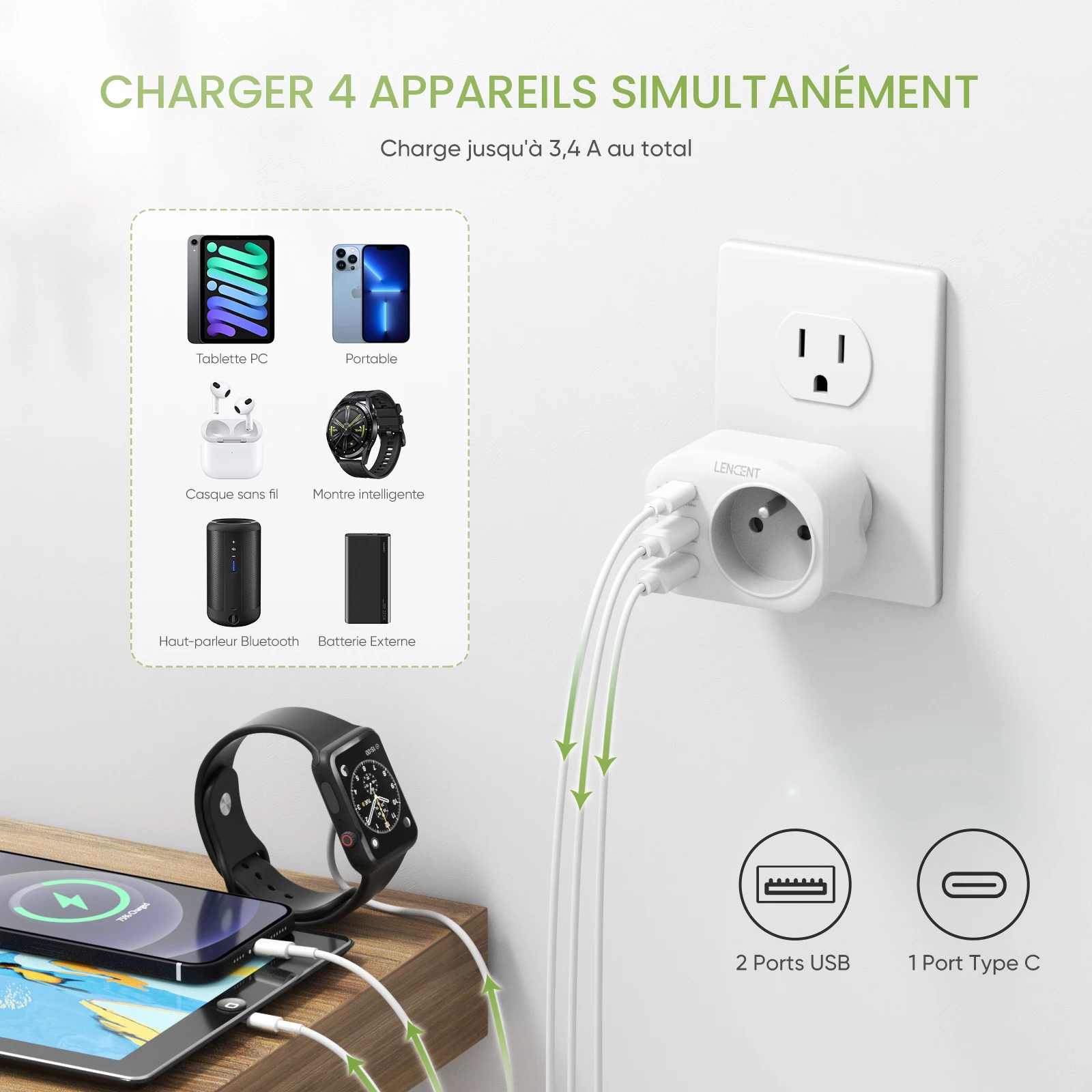 France Adaptateur de voyage avec 3 Usb + 1 Usb C, Europe Français Fr 2 Pin  To Us 3 Pin Pour Canada Mexique Thaïlande Dominicain