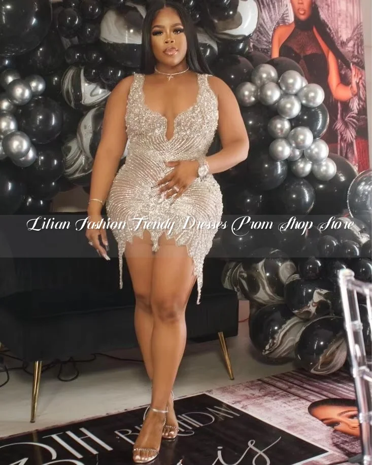 Ivy Silver Diamond Mini Evening Cocktail Dresses for Women Luxury Sparkly Sheer Mesh Birthday Gala Dress Black Girl Custom