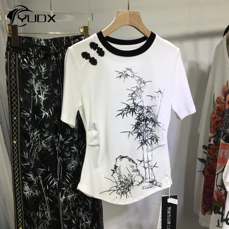 

YUDX New Sping Summer Short Sleeve T-shirt for Women Frog Hot Drilling Bamboo Stretch Tight Basic Top All-match Cotton Tees