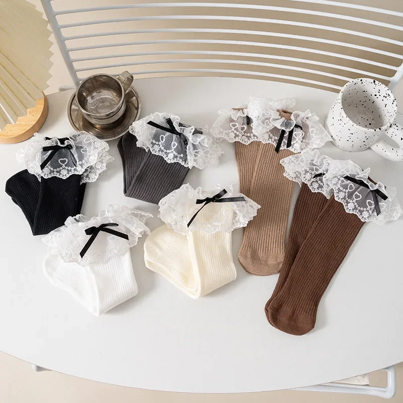 Bow Princess Socks Solid Color Medium Tube Socks Girls Lace Socks Spring and Autumn Love Lace  Sweet Lolita