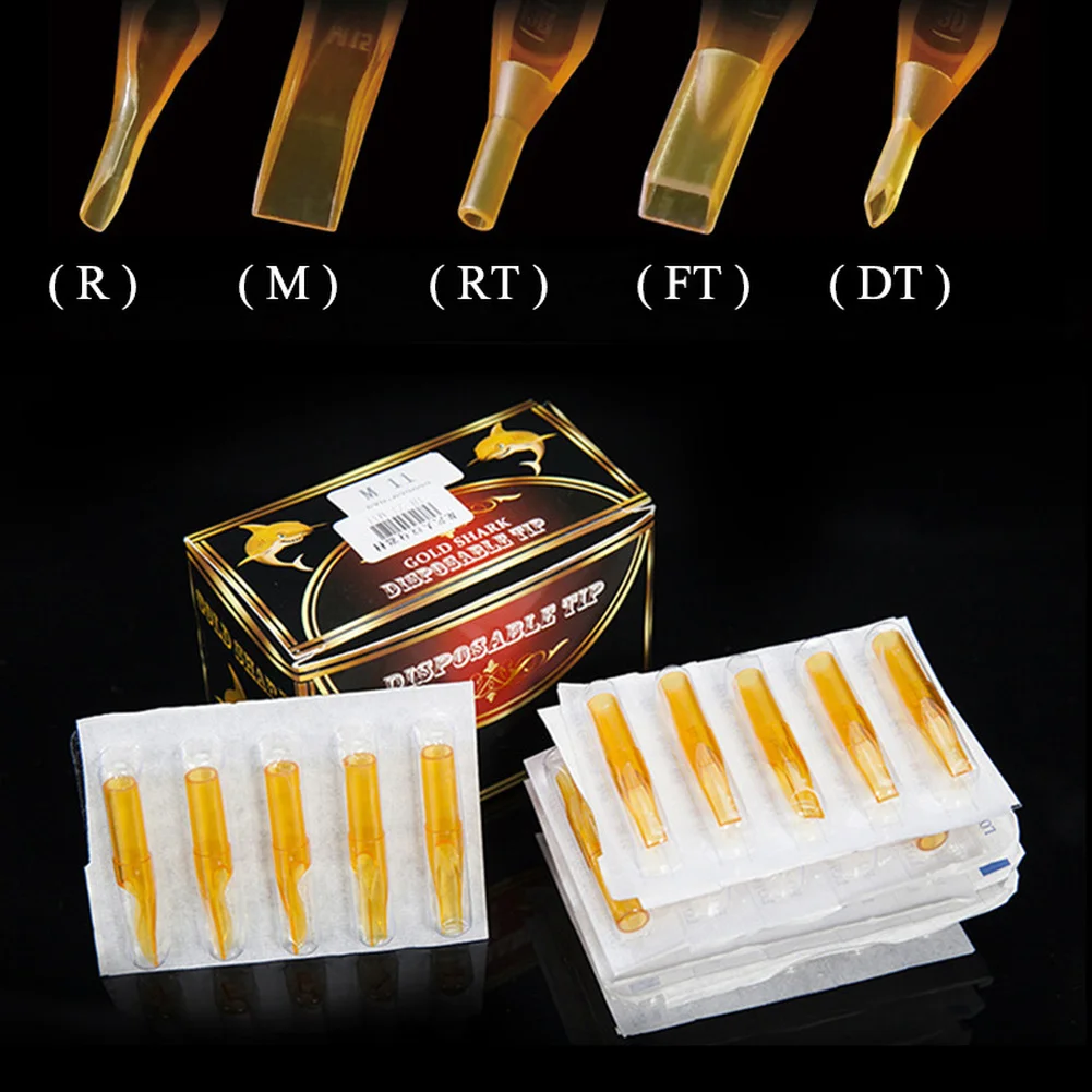 50pcs Disposable Tattoo Tips Professional Round Flat Yellow Transparent Sterilized Nozzle Needle Tips R/M/RT/FT/DT Tattoo Supply
